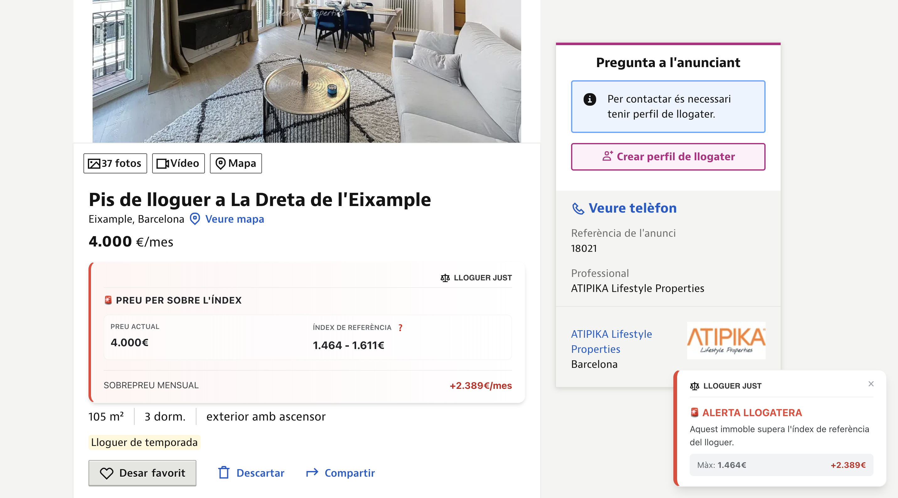 Extensio Lloguer Just mostrant un pis amb preu per sobre de l'index - 4.000 euros quan el limit es 1.464-1.611 euros
